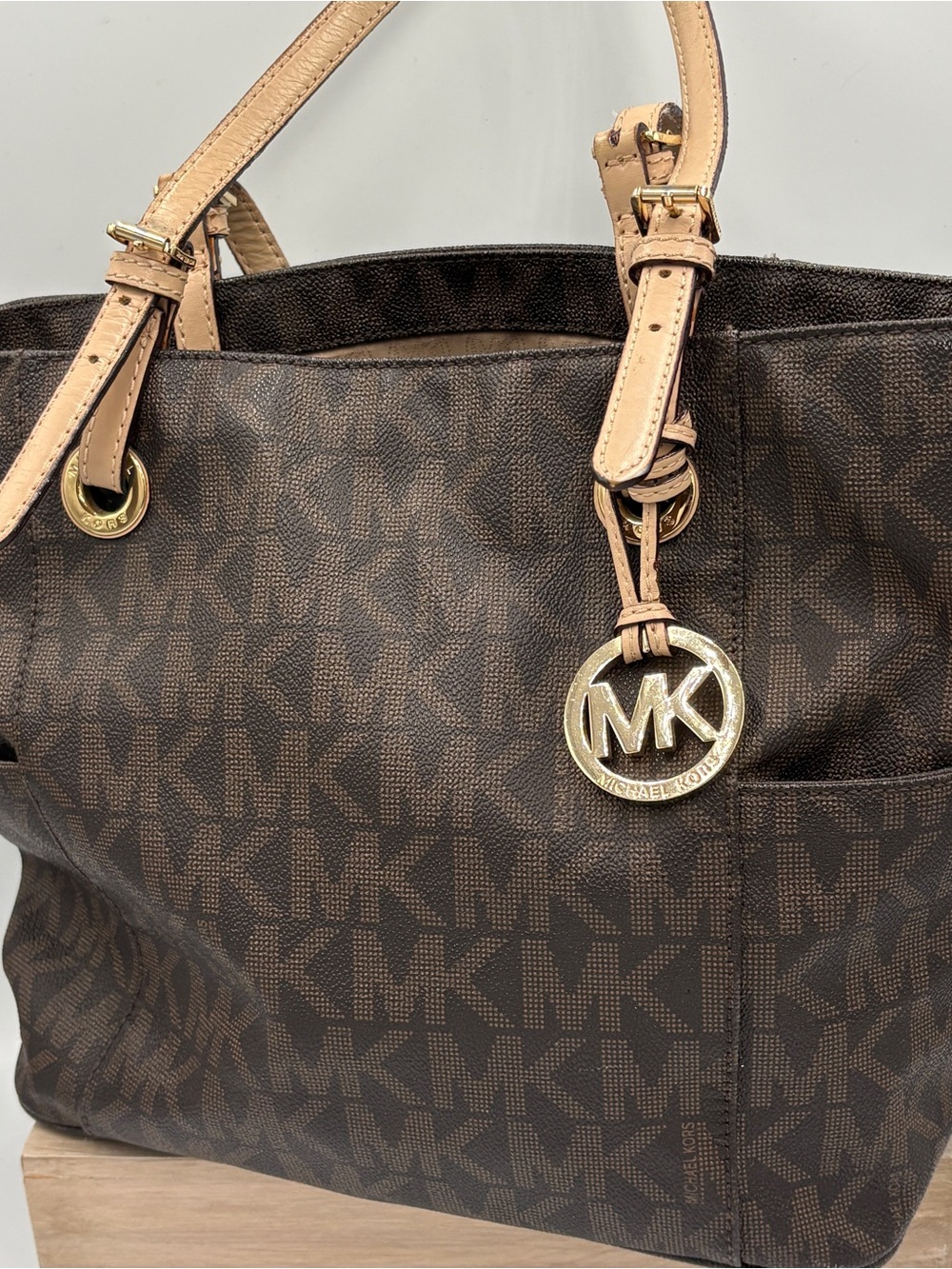 Michael Kors Brown MK Monogram Tote with Tan Leather Handles